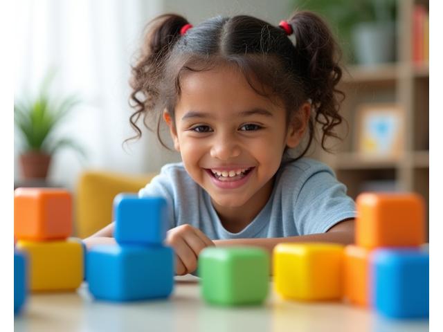 Child playing with educational blocks, learning with joy