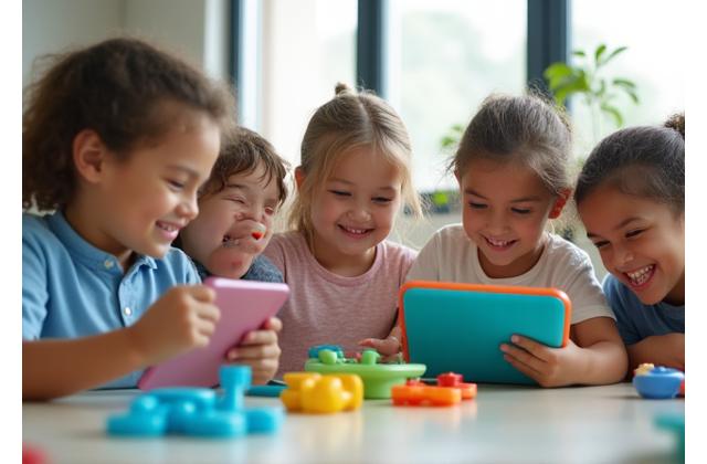 Children learning in a bright, modern classroom with educational toys